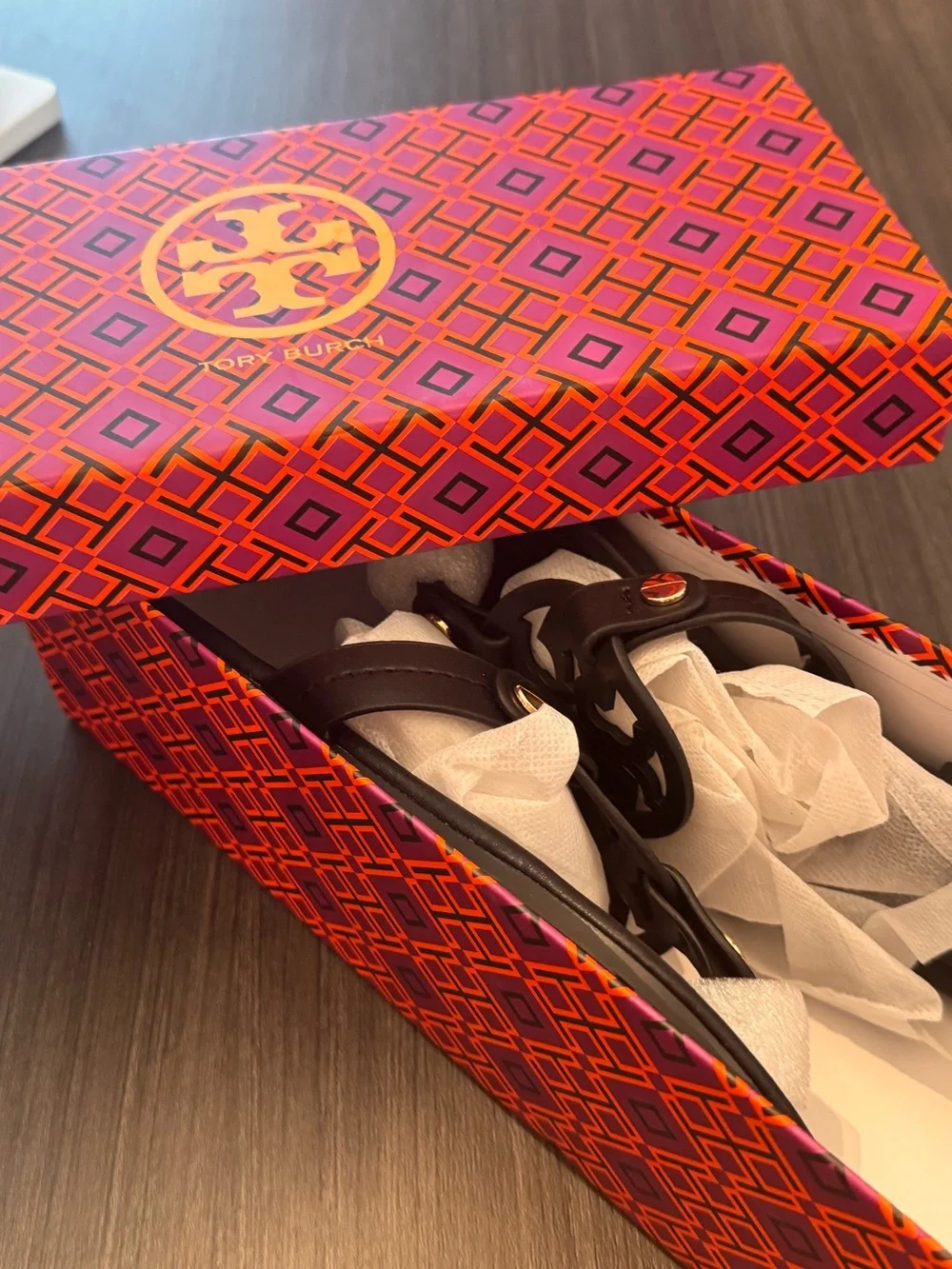 Brand New-never own-full details Tory Burch Black Leather Logo Sandals